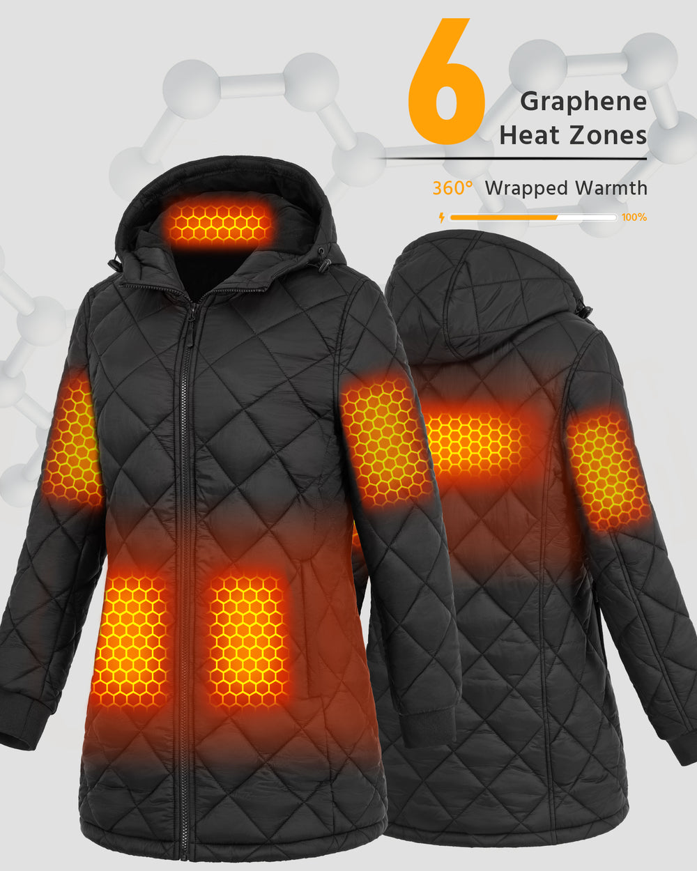 Women's Hooded Quilted 6-Zone Graphene Heated Jacket