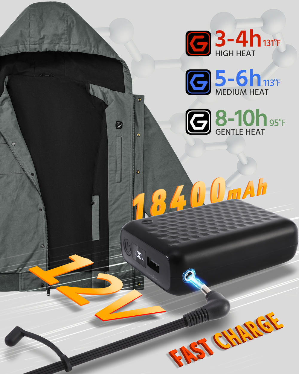 Men's Snap-Front Hooded Workwear 6-Zone Graphene Heated Jacket