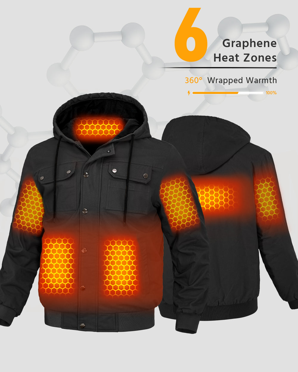 Men's Snap-Front Hooded Workwear 6-Zone Graphene Heated Jacket