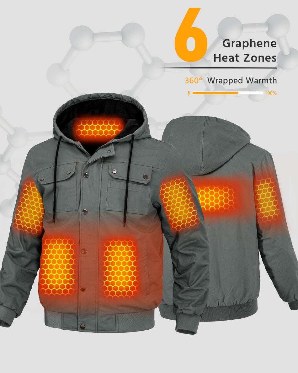 Men's Snap-Front Hooded Workwear 6-Zone Graphene Heated Jacket
