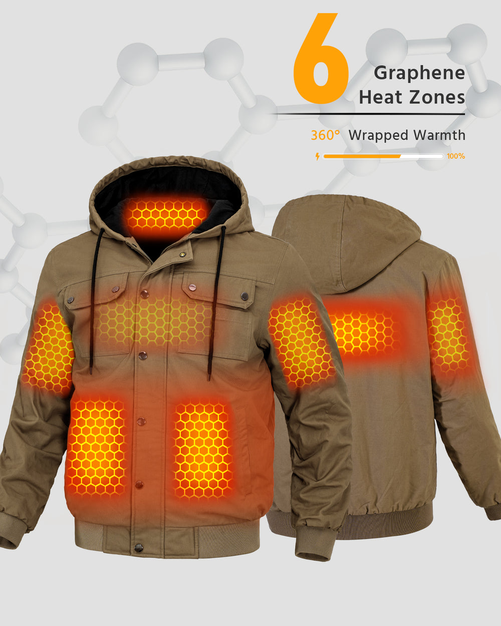 Men's Snap-Front Hooded Workwear 6-Zone Graphene Heated Jacket