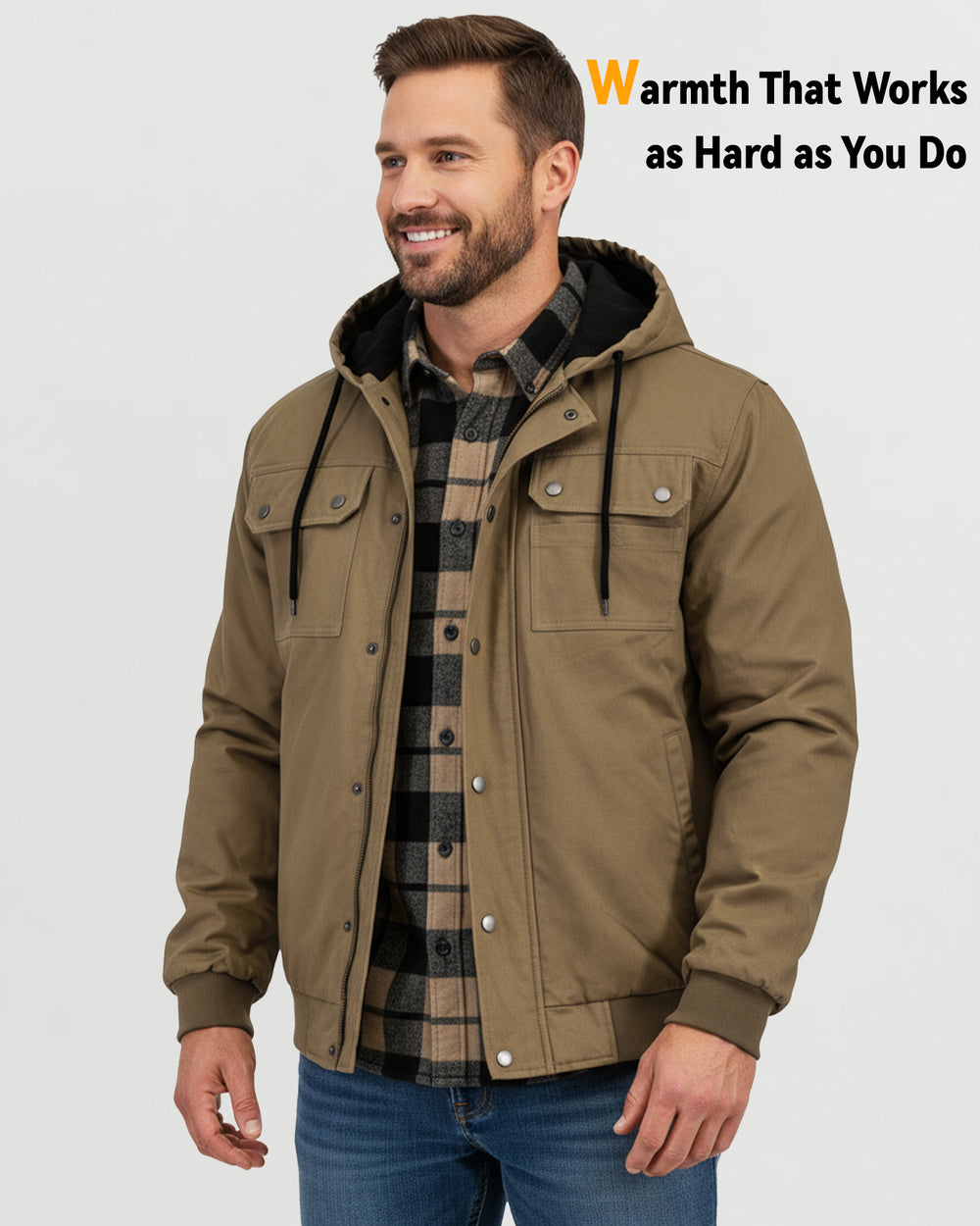Men's Snap-Front Hooded Workwear 6-Zone Graphene Heated Jacket